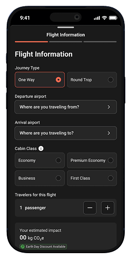 SkyXero flight information form: journey type, airports, cabin, passengers