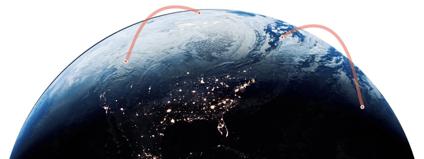 Earth at night with city lights and flight paths over North America