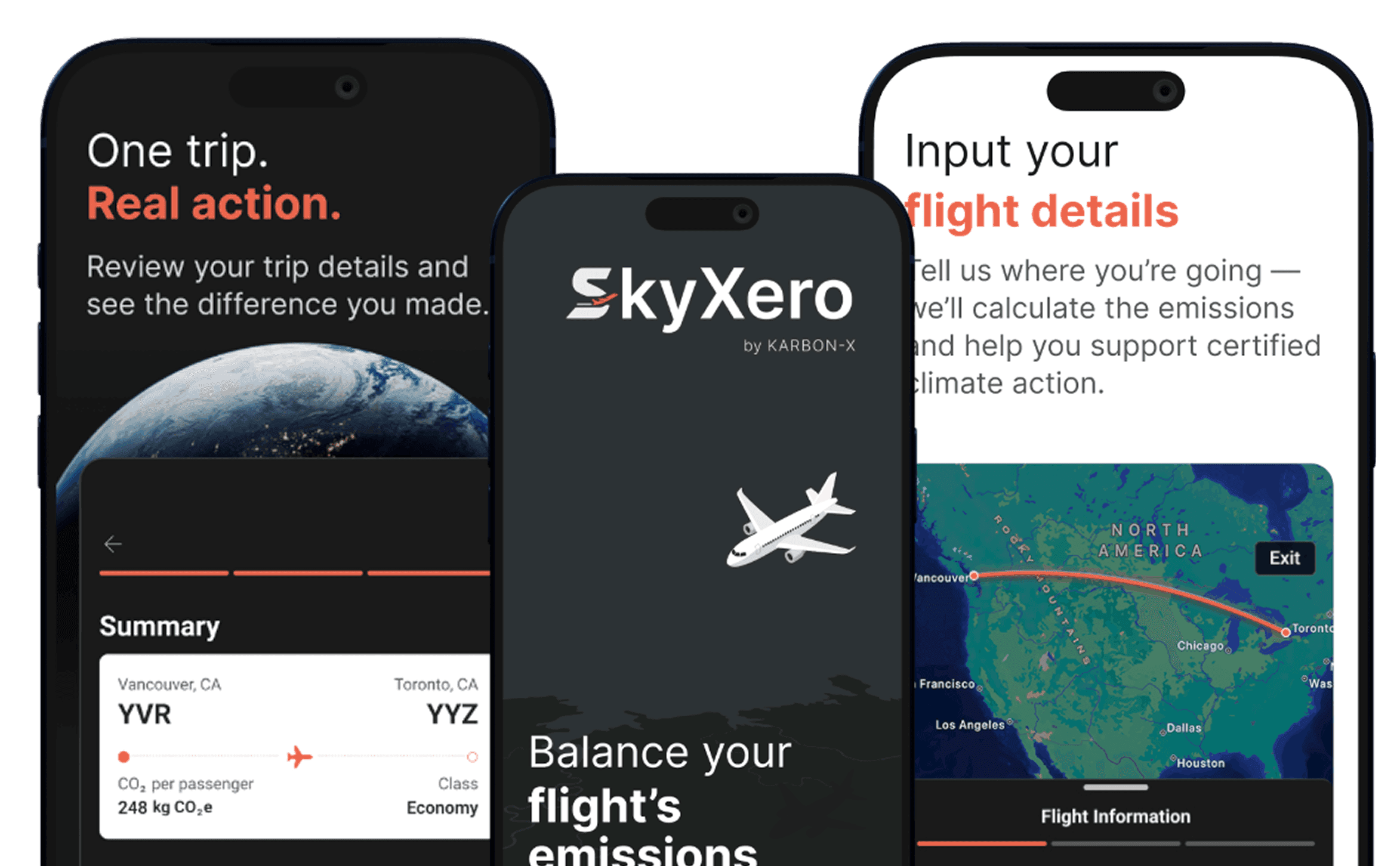 SkyXero app on three phones: trip summary, splash screen, and flight details with map