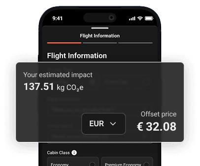 SkyXero flight information screen with estimated emissions and offset price