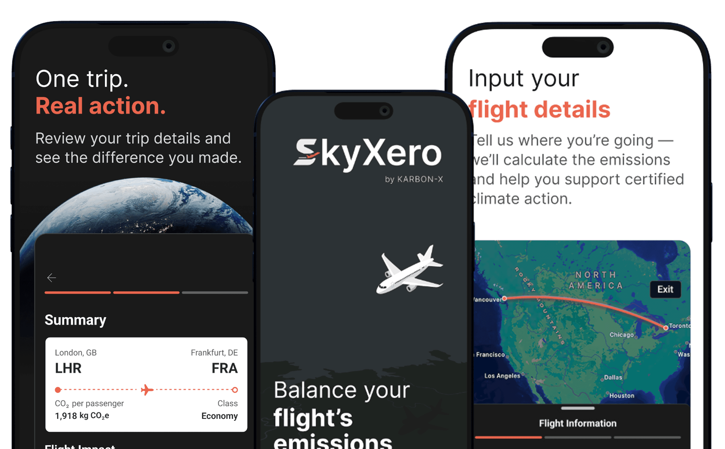 SkyXero app on three phones: trip summary, splash screen, and flight details with map